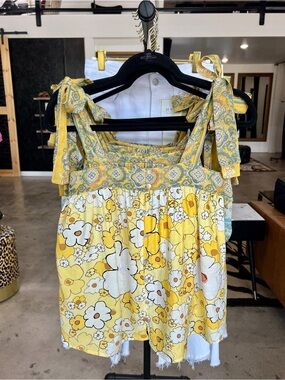 Yellow Floral Tie-Shoulder Smocked Top